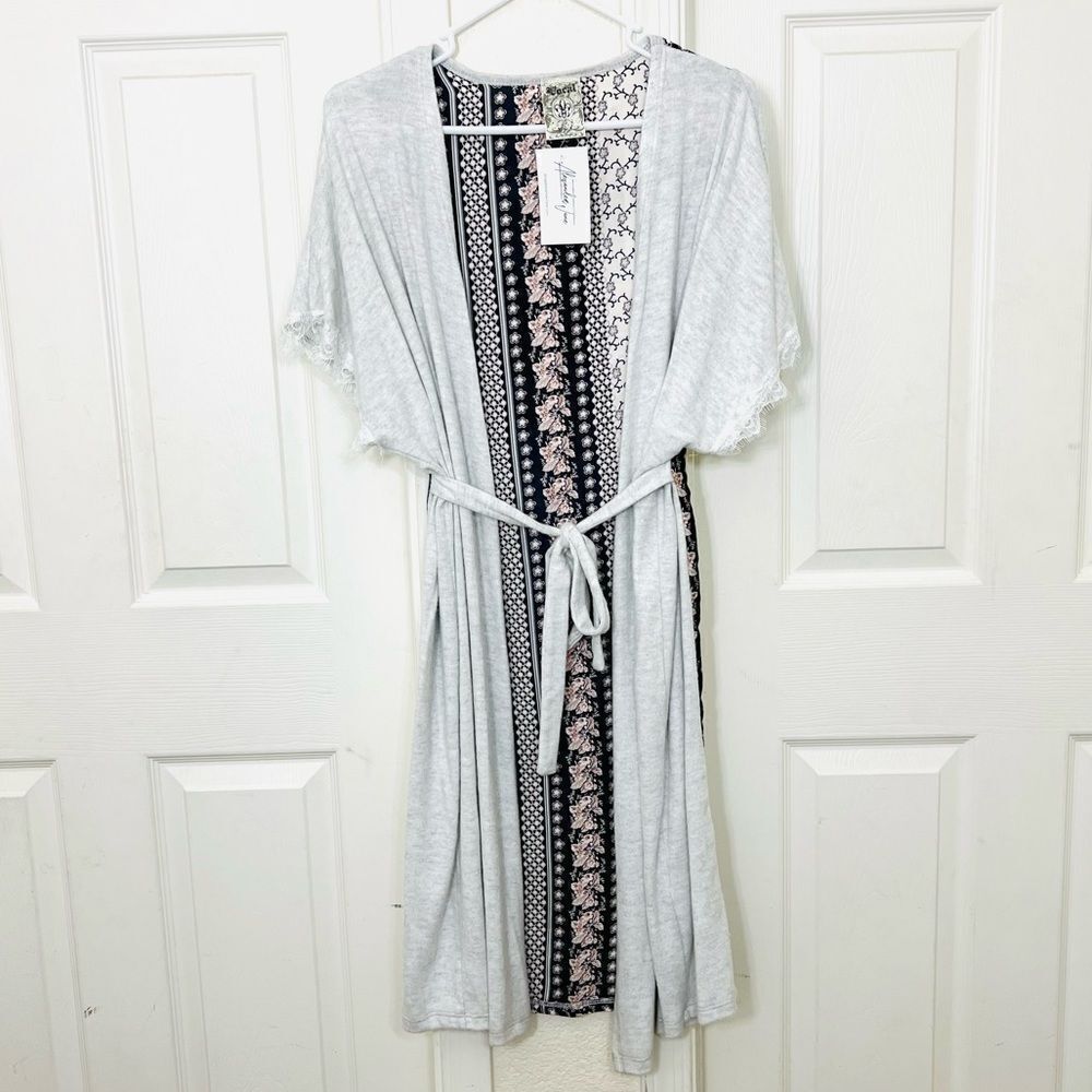 Vocal Cardigan Kimono Duster Short Sleeve Floral Back Tie Belt Lace Trim Large